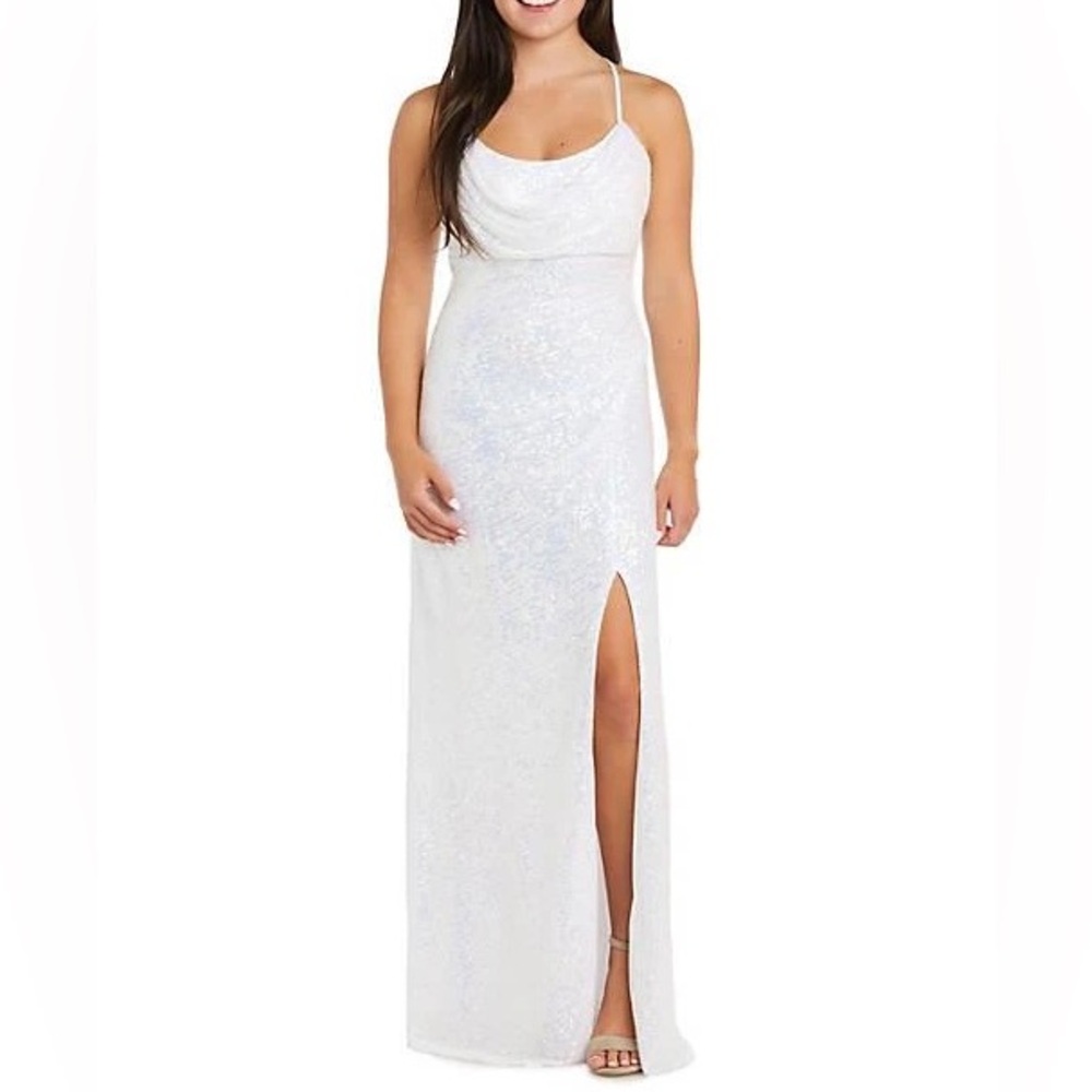 Night Way White Iridescent Shimmering Cowl Neck Leg Slit Formal Dress Homecoming